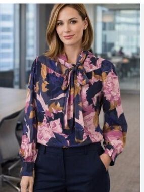 RW&CO. Navy Floral Tie-Neck Blouse with Pink and Gold Accents